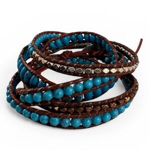 Unbranded Turquoise Leather Wrap Bracelet Womens OS Blue Excellent Boho Studded